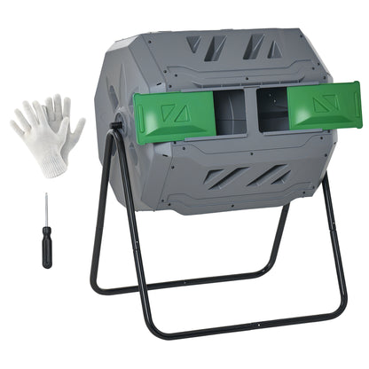 Composter 160L, 71cm x 65cm x 96cm Rotating Quick Composter made of Plastic, Thermocomposter with 2 Chambers, for Bio and Garden Waste, Gray