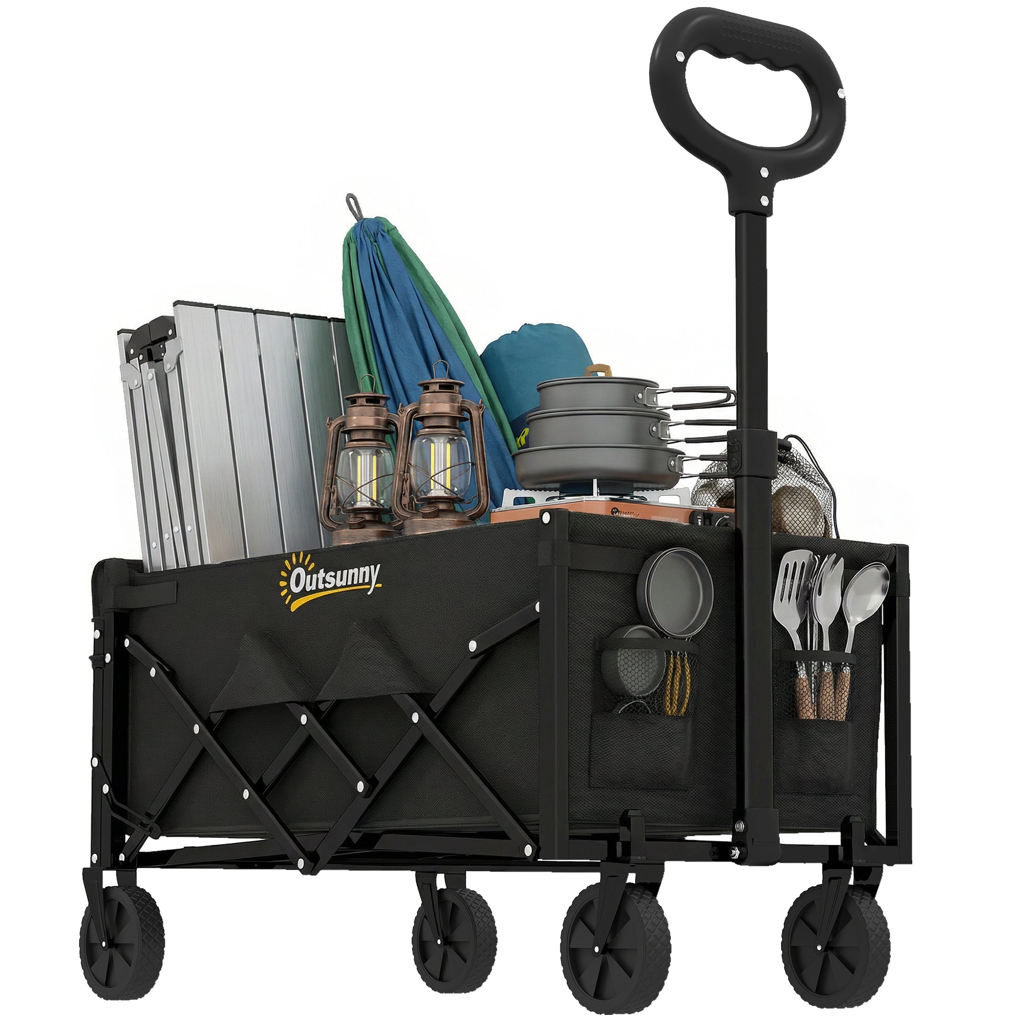 80L Foldable Wagon with Telescoping Handle, Tailgate & Cup Holders — Beach, Garden & Transport Cart, 330 lb Capacity, Black