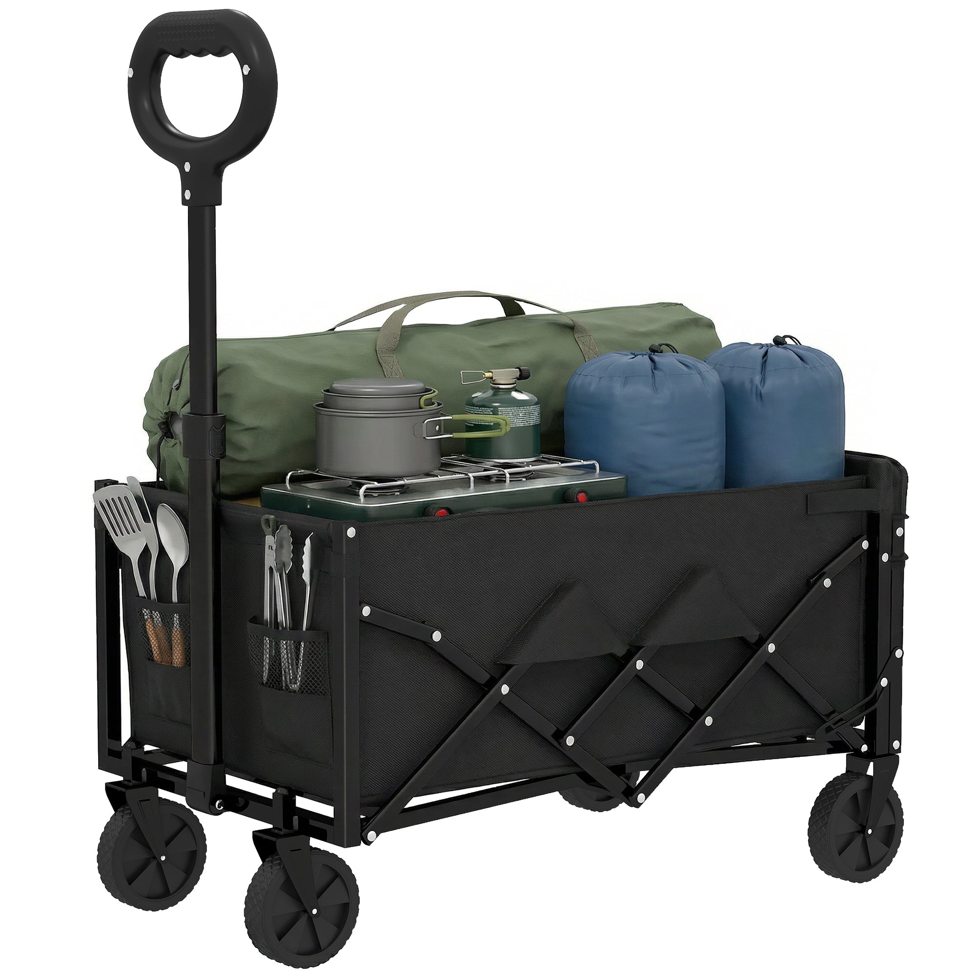 80L Foldable Wagon with Telescoping Handle, Tailgate & Cup Holders — Beach, Garden & Transport Cart, 330 lb Capacity, Black