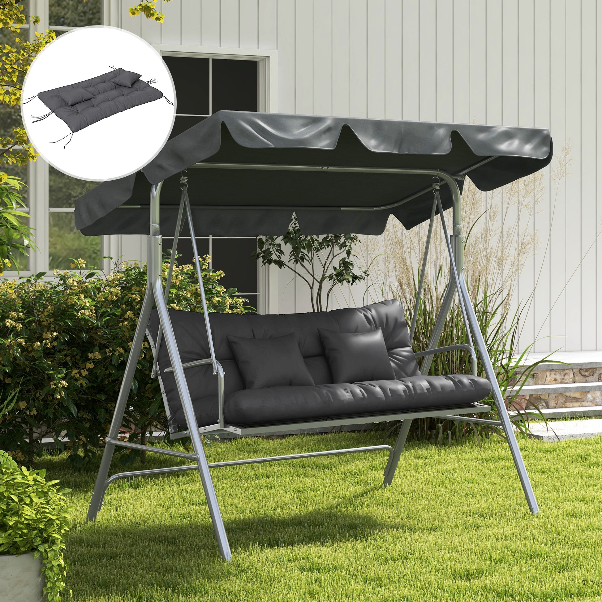 4-Piece Seat Cushion Set, 150x50 cm Water-Resistant Chair Cushions with Tie Strings, Knotted Design 10cm Thick Padding for Swing, Seat Pad for Home, Garden, Sofa, Dark Grey