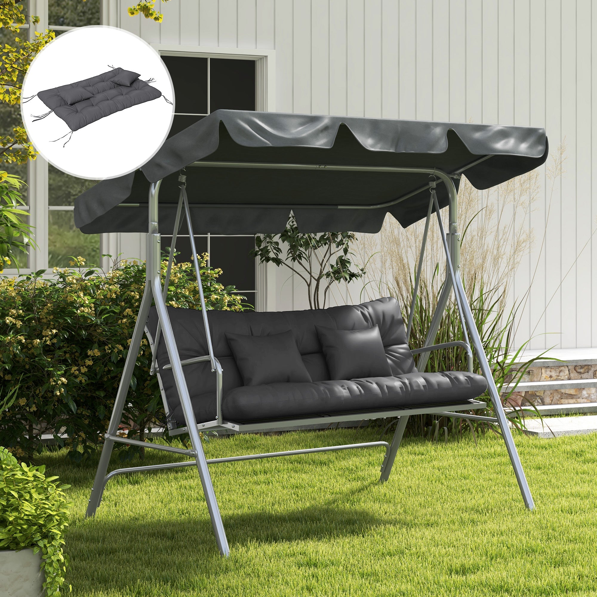 4-Piece Seat Cushion Set, 150x50 cm Water-Resistant Chair Cushions with Tie Strings, Knotted Design 10cm Thick Padding for Swing, Seat Pad for Home, Garden, Sofa, Dark Grey