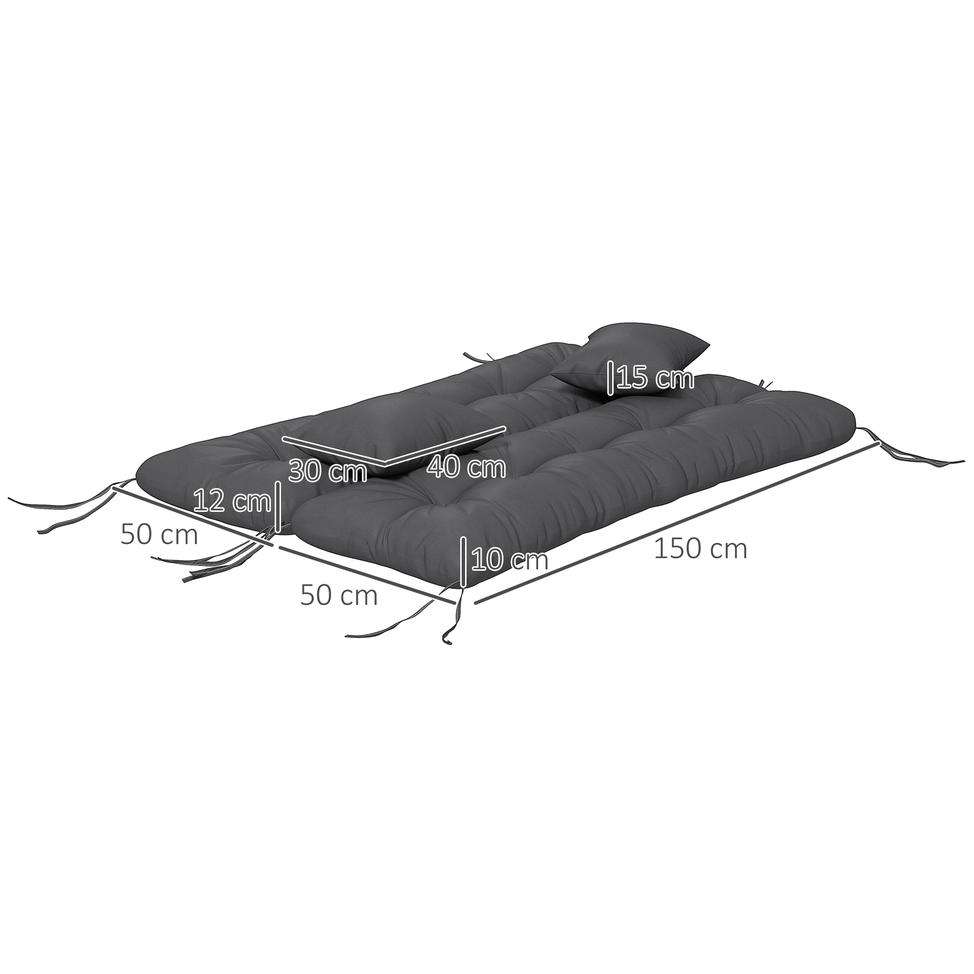 4-Piece Seat Cushion Set, 150x50 cm Water-Resistant Chair Cushions with Tie Strings, Knotted Design 10cm Thick Padding for Swing, Seat Pad for Home, Garden, Sofa, Dark Grey
