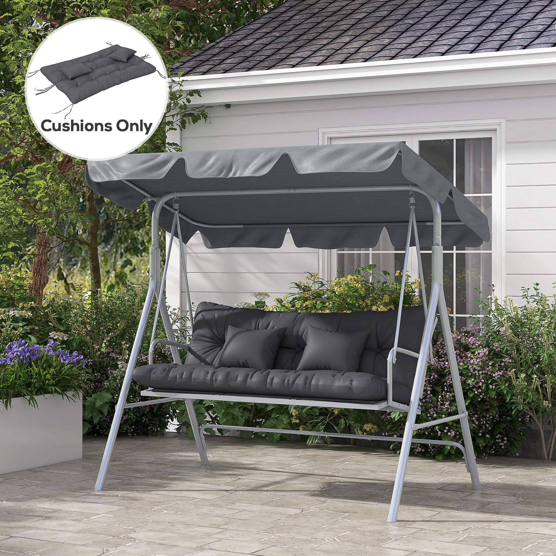 4-Piece Seat Cushion Set, 150x50 cm Water-Resistant Chair Cushions with Tie Strings, Knotted Design 10cm Thick Padding for Swing, Seat Pad for Home, Garden, Sofa, Dark Grey