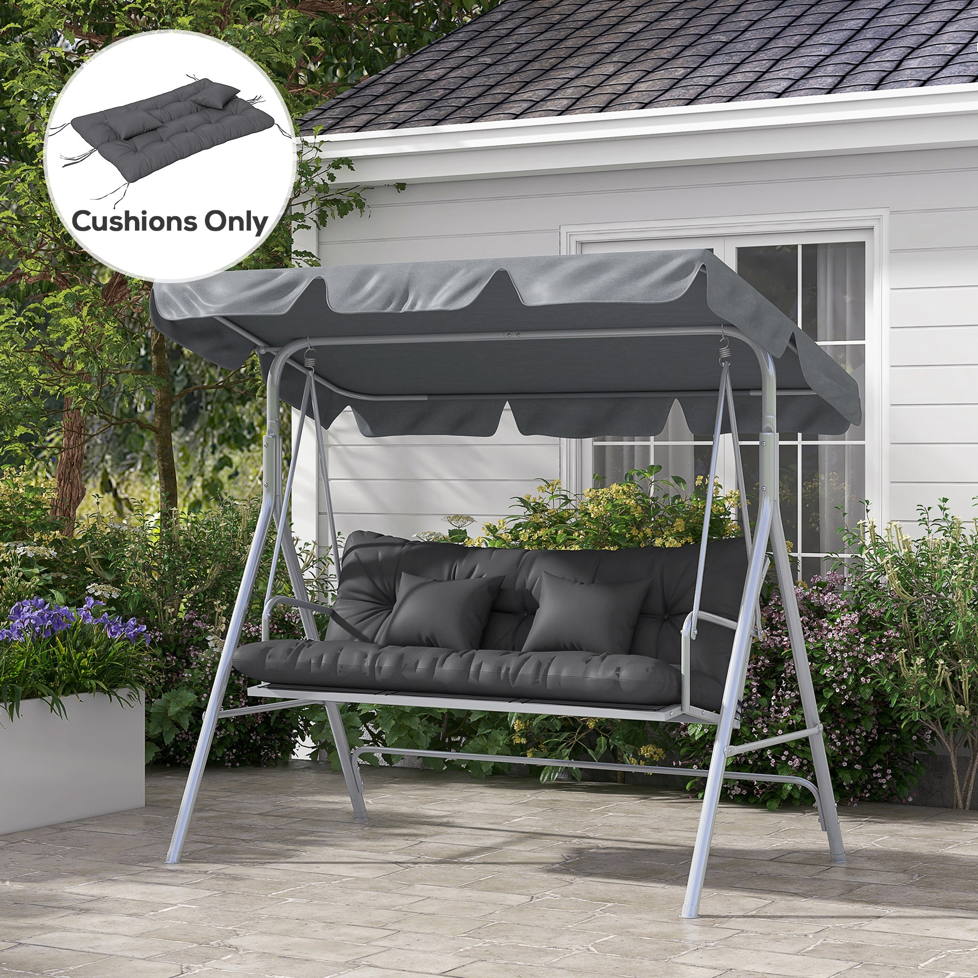 4-Piece Seat Cushion Set, 150x50 cm Water-Resistant Chair Cushions with Tie Strings, Knotted Design 10cm Thick Padding for Swing, Seat Pad for Home, Garden, Sofa, Dark Grey