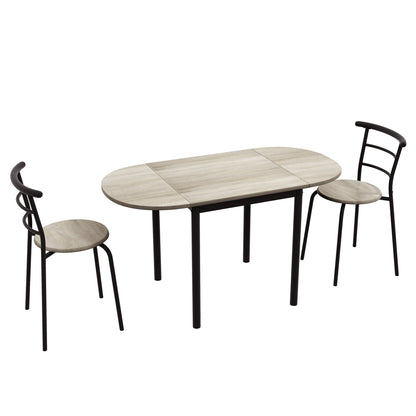 Oval Extendable Dining Table Set with 2 Chairs - Folding Table - Metal and MDF - Black and Natural