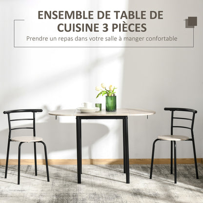 Oval Extendable Dining Table Set with 2 Chairs - Folding Table - Metal and MDF - Black and Natural