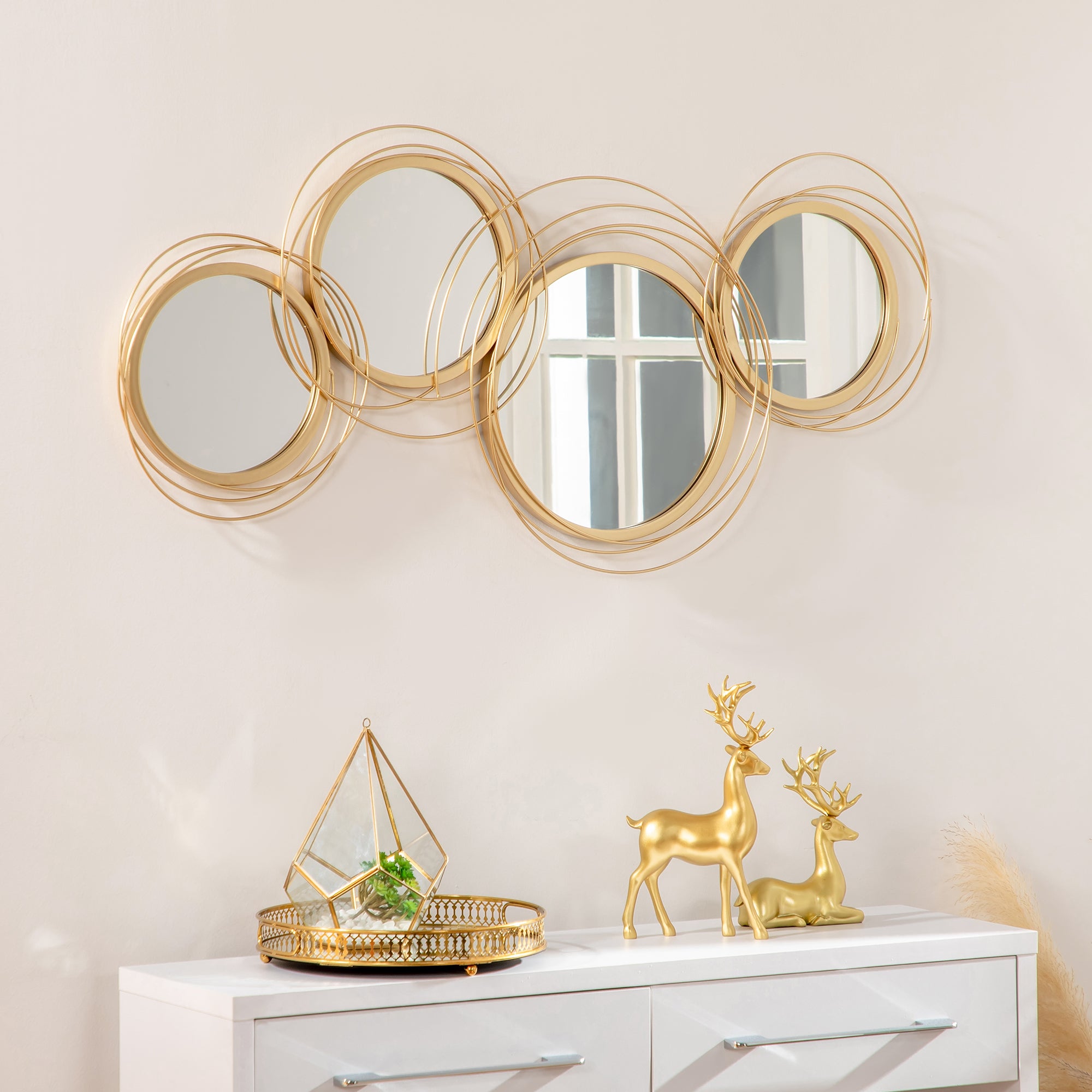 4-Piece Mirror Set for Wall Decor, Wall Decoration with 4 Round Mirrors, Living Room Decor, Wall Mirror, Entryway Mirror, Wall Art for Living Room, Bedroom, Metal, Gold