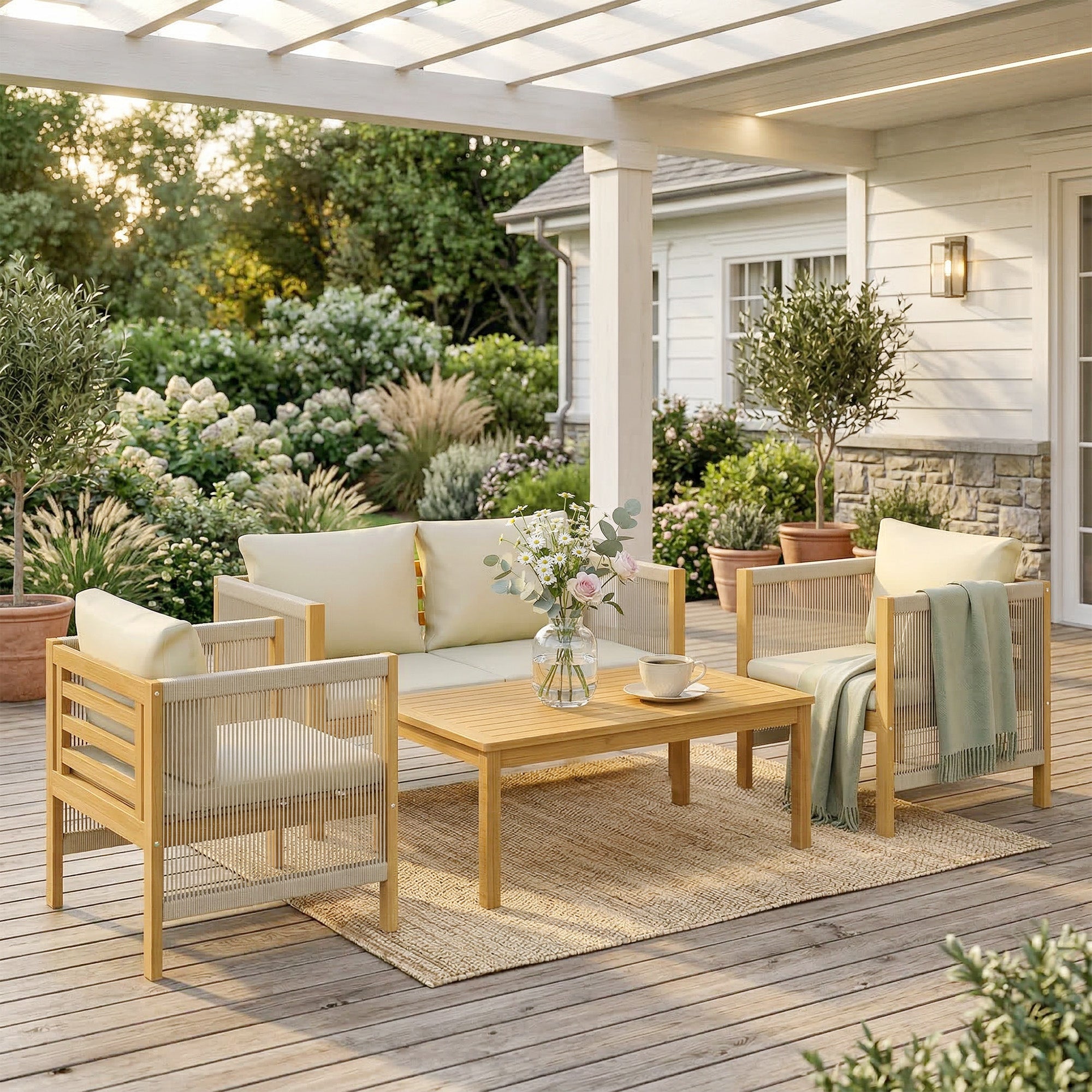 4-Piece Acacia Wood Outdoor Patio Set for 4 — 2-Seater Sofa, 2 Armchairs & Coffee Table, Rope-Weave Slat Design, Washable Cushions, Beige