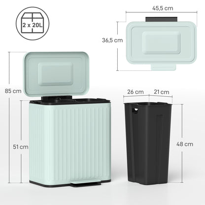 40L Dual-Compartment Pedal Trash Can — 2 x 20L Recycling System, Soft-Close Lid, Stay-Open Function, Removable Inner Buckets — Green