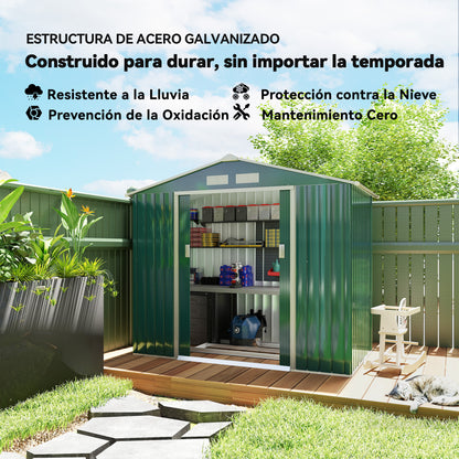 Garden Shed 2.42m² with Reinforcement Base No Floor 213x130x185 cm Outdoor Garden Shed with 2 Sliding Doors and 4 Windows for Tool Storage Dark Green