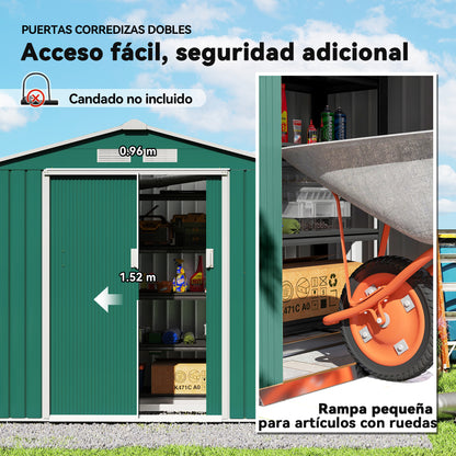 Garden Shed 2.42m² with Reinforcement Base No Floor 213x130x185 cm Outdoor Garden Shed with 2 Sliding Doors and 4 Windows for Tool Storage Dark Green