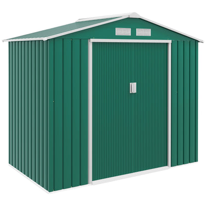 Garden Shed 2.42m² with Reinforcement Base No Floor 213x130x185 cm Outdoor Garden Shed with 2 Sliding Doors and 4 Windows for Tool Storage Dark Green