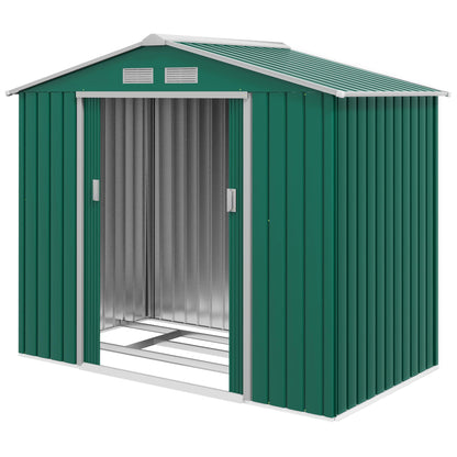 Garden Shed 2.42m² with Reinforcement Base No Floor 213x130x185 cm Outdoor Garden Shed with 2 Sliding Doors and 4 Windows for Tool Storage Dark Green