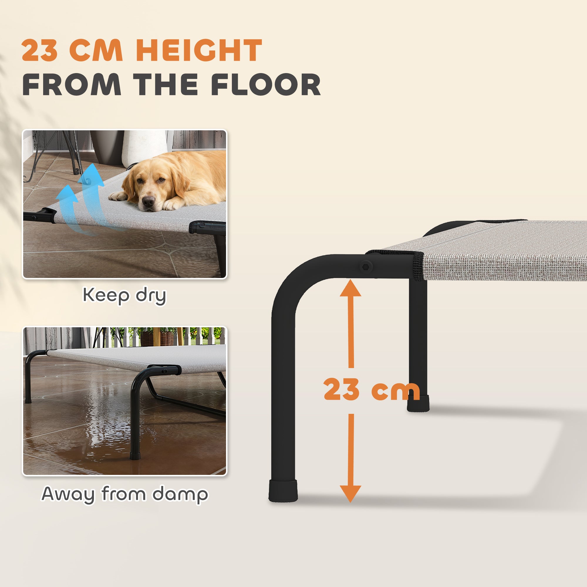 Outdoor Dog Lounger — Elevated Bed for Large Dogs, Cooling Pet Cot with Steel Frame and Breathable Mesh, Portable for Outdoors & Camping — 60 x 37 x 9 in (152 x 94 x 23 cm), Beige