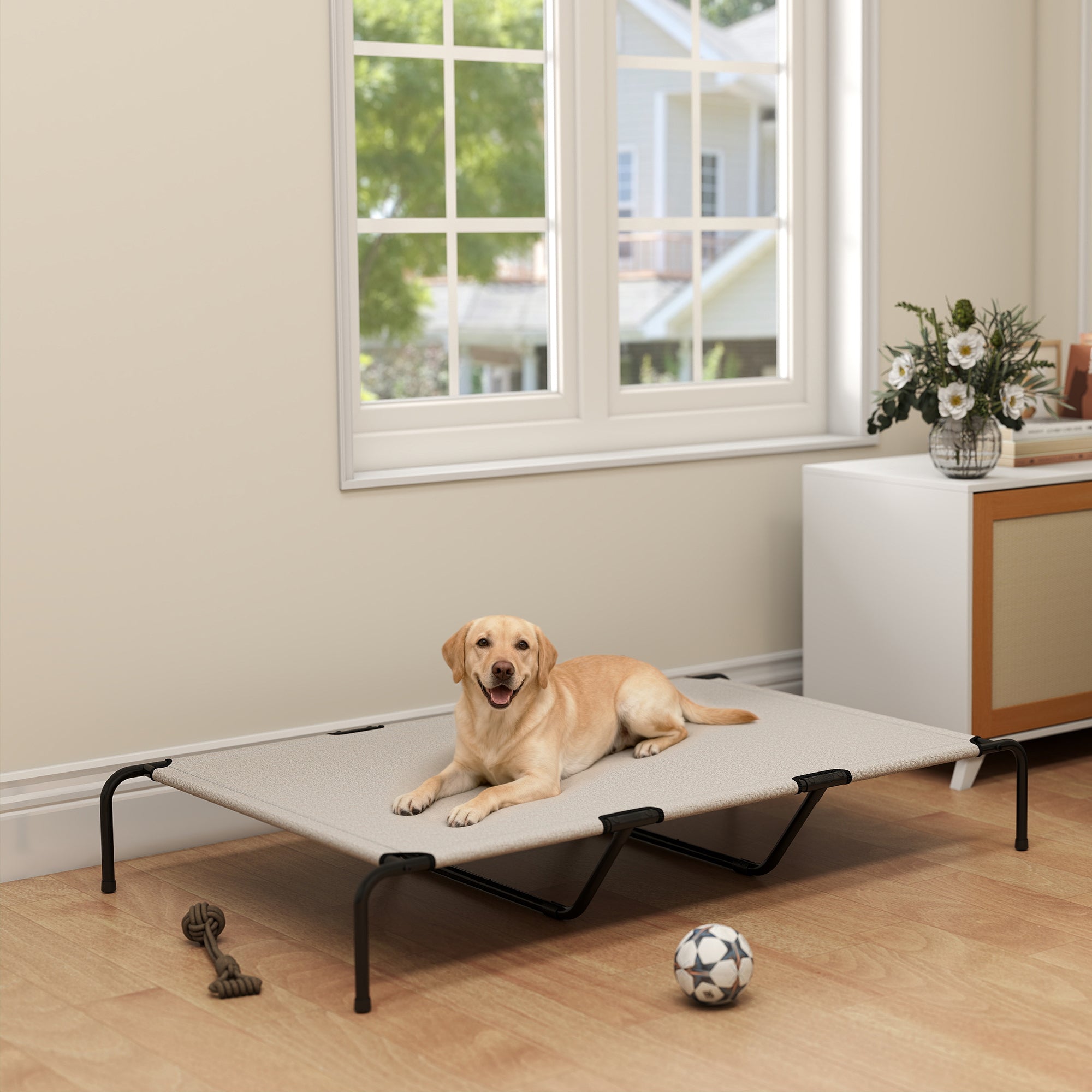 Outdoor Dog Lounger — Elevated Bed for Large Dogs, Cooling Pet Cot with Steel Frame and Breathable Mesh, Portable for Outdoors & Camping — 60 x 37 x 9 in (152 x 94 x 23 cm), Beige