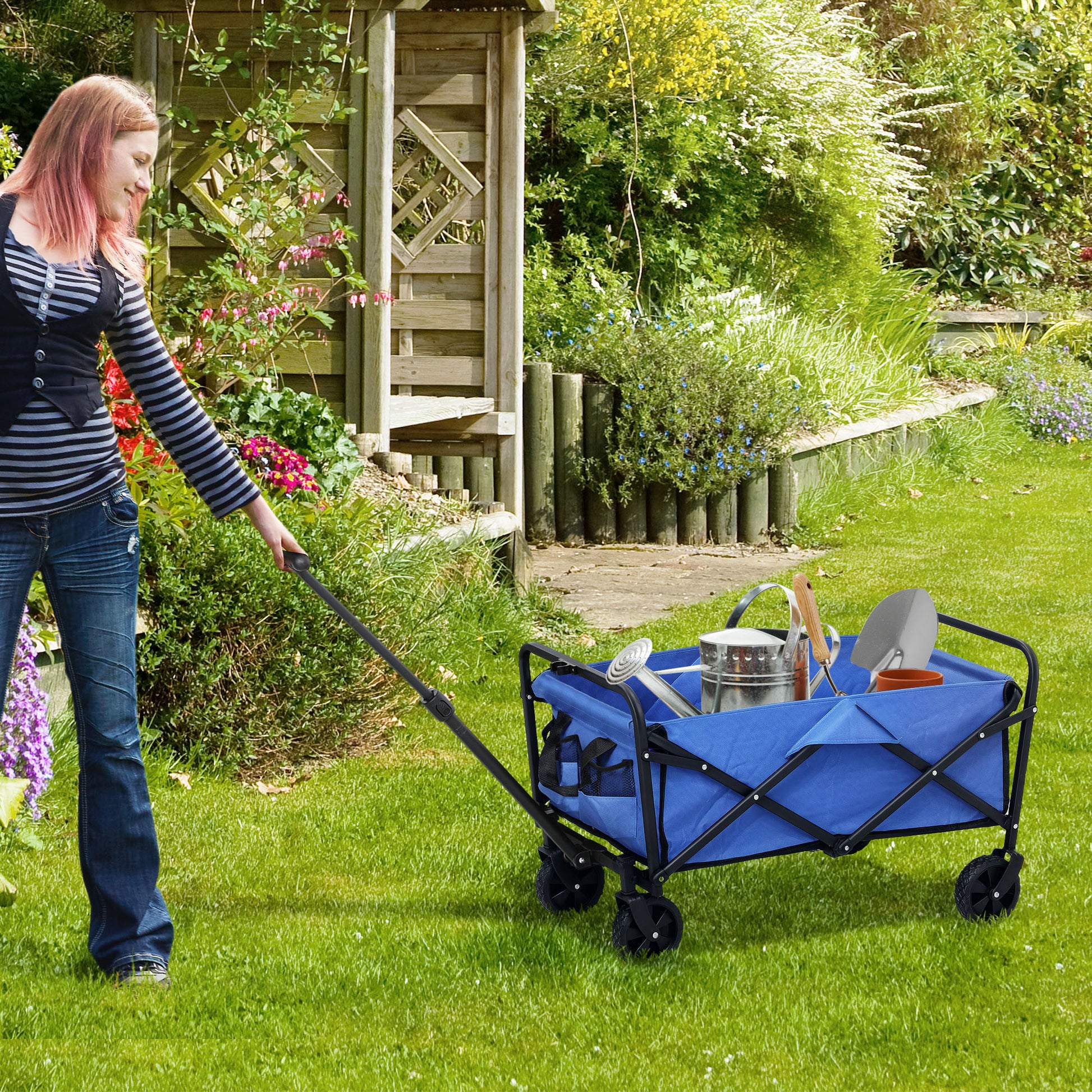 Beach Cart with Wheels Folding Garden Cart with Adjustable Telescopic Handle 2 Storage Bags Load 100 kg All Terrain Transport Cart for Garden Camping Shopping Blue