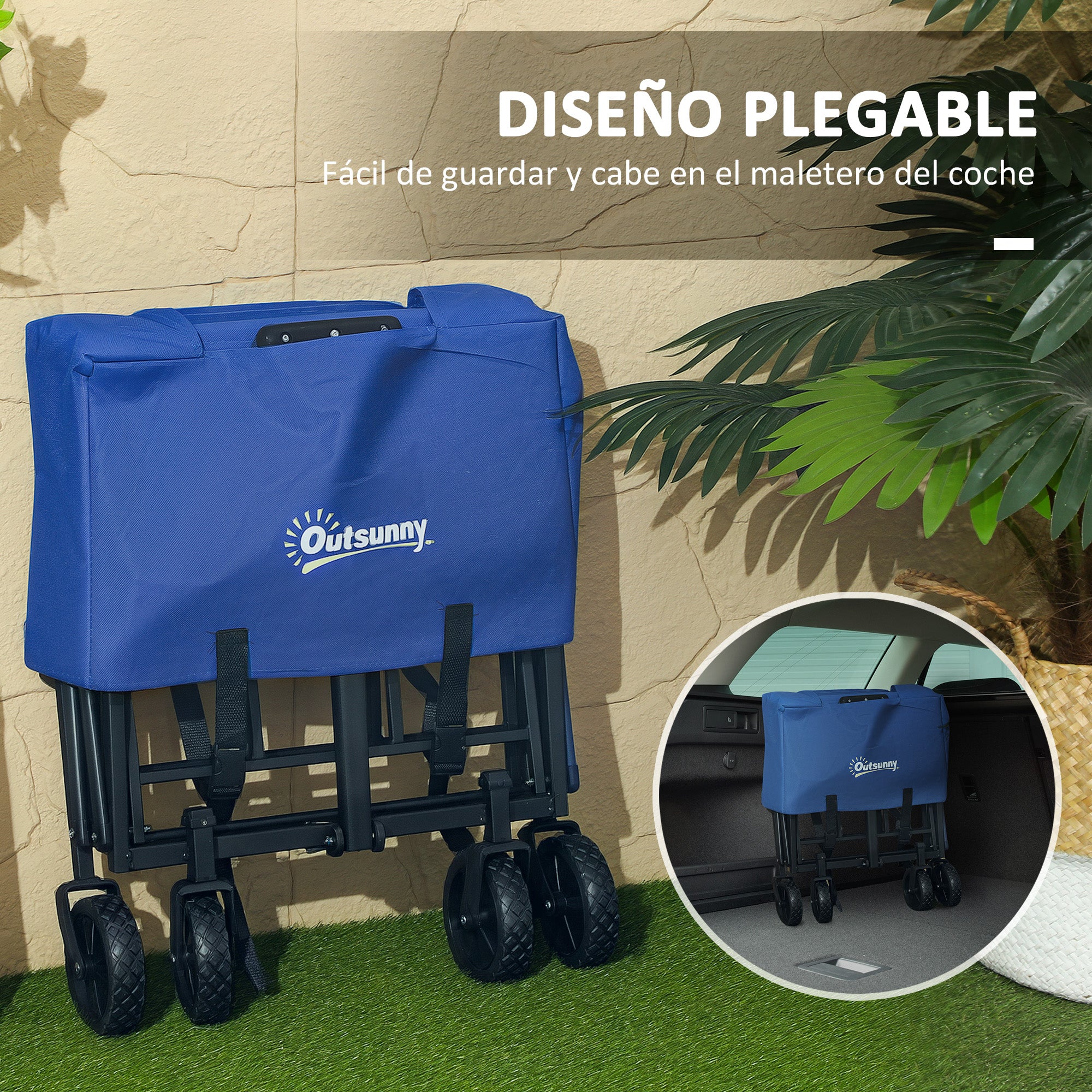 Beach Cart with Wheels Folding Garden Cart with Adjustable Telescopic Handle 2 Storage Bags Load 100 kg All Terrain Transport Cart for Garden Camping Shopping Blue