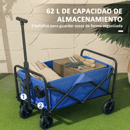 Beach Cart with Wheels Folding Garden Cart with Adjustable Telescopic Handle 2 Storage Bags Load 100 kg All Terrain Transport Cart for Garden Camping Shopping Blue