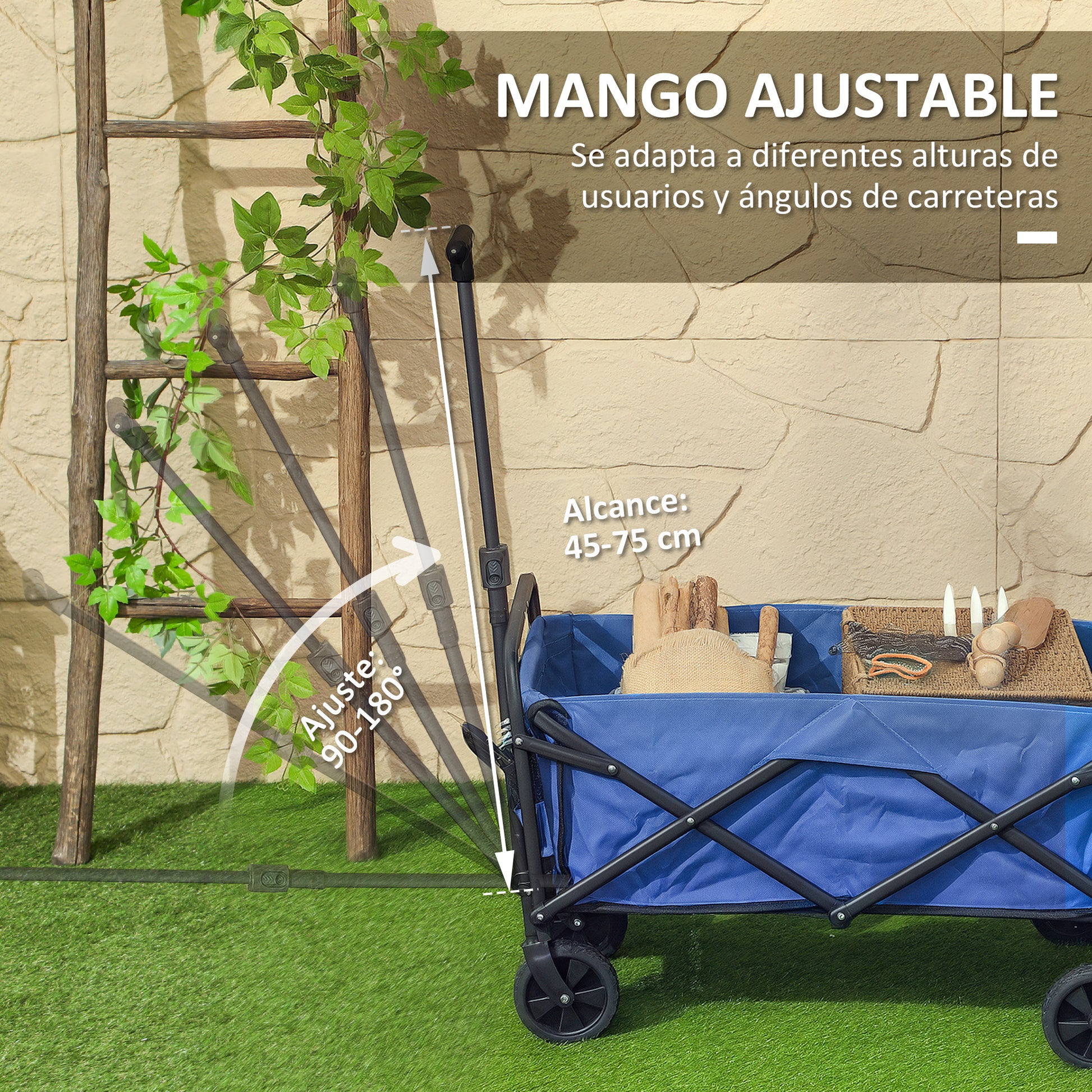 Beach Cart with Wheels Folding Garden Cart with Adjustable Telescopic Handle 2 Storage Bags Load 100 kg All Terrain Transport Cart for Garden Camping Shopping Blue