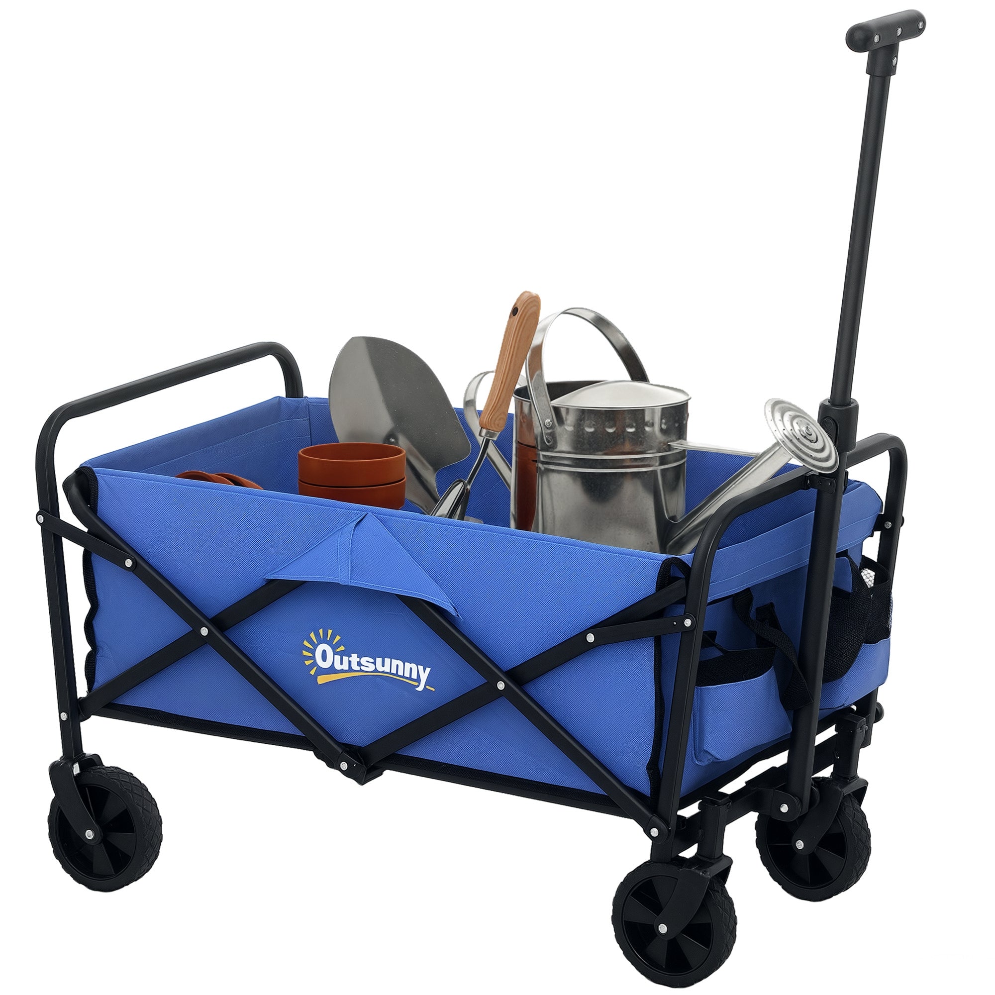Beach Cart with Wheels Folding Garden Cart with Adjustable Telescopic Handle 2 Storage Bags Load 100 kg All Terrain Transport Cart for Garden Camping Shopping Blue