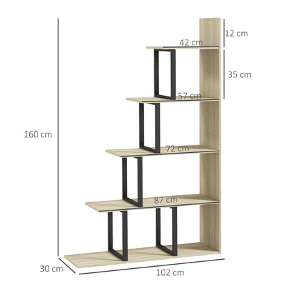 Industrial Style Stepped Bookcase Room Divider with 5 Shelves 102 x 30 x 160 cm Oak