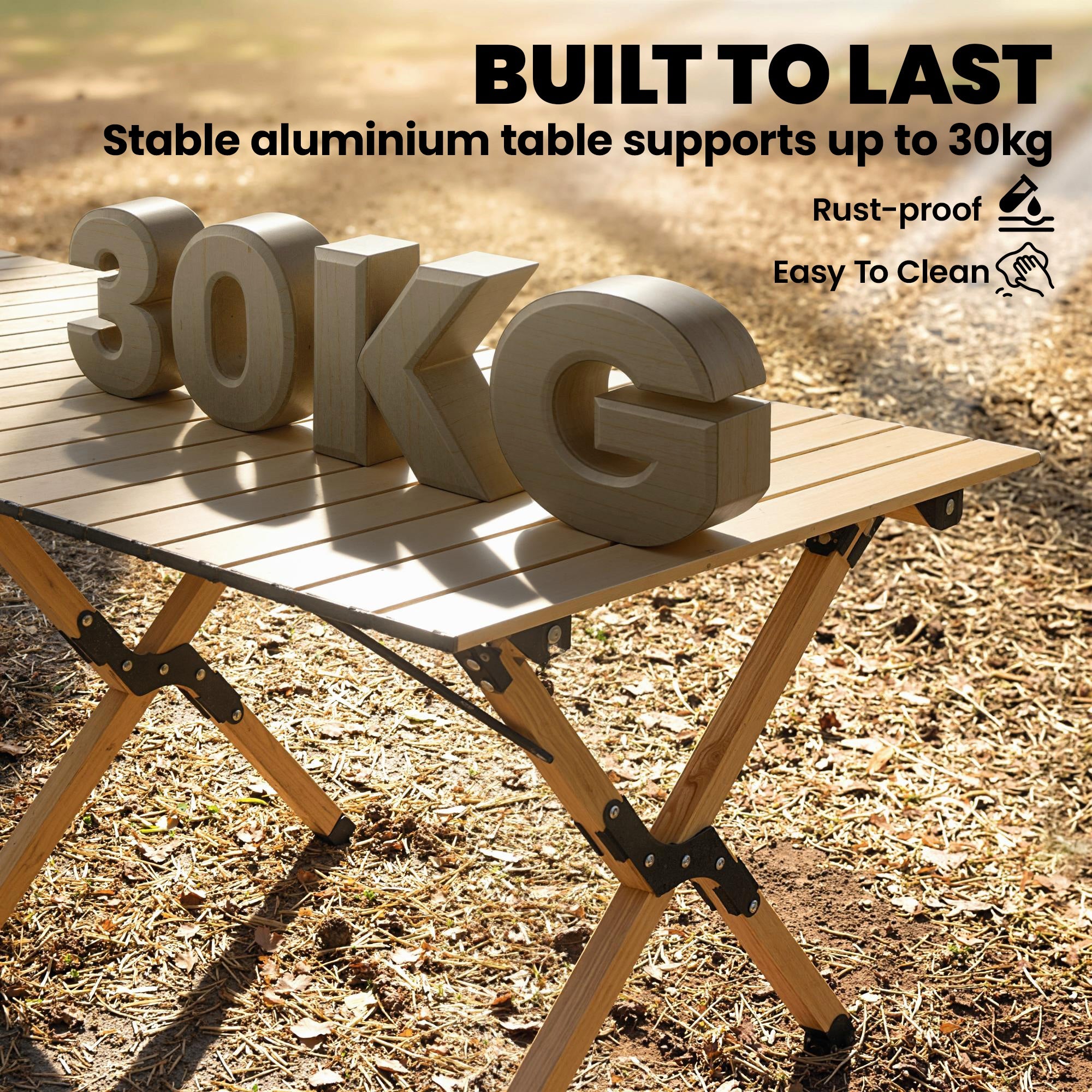 Camping Table 46.1 x 23.6 in – Aluminum Folding Table with Roll-Up Wood-Effect Top, Carry Bag, Waterproof, Lightweight, 66 lb Capacity – Oak