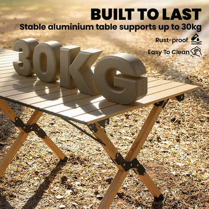 Camping Table 46.1 x 23.6 in – Aluminum Folding Table with Roll-Up Wood-Effect Top, Carry Bag, Waterproof, Lightweight, 66 lb Capacity – Oak