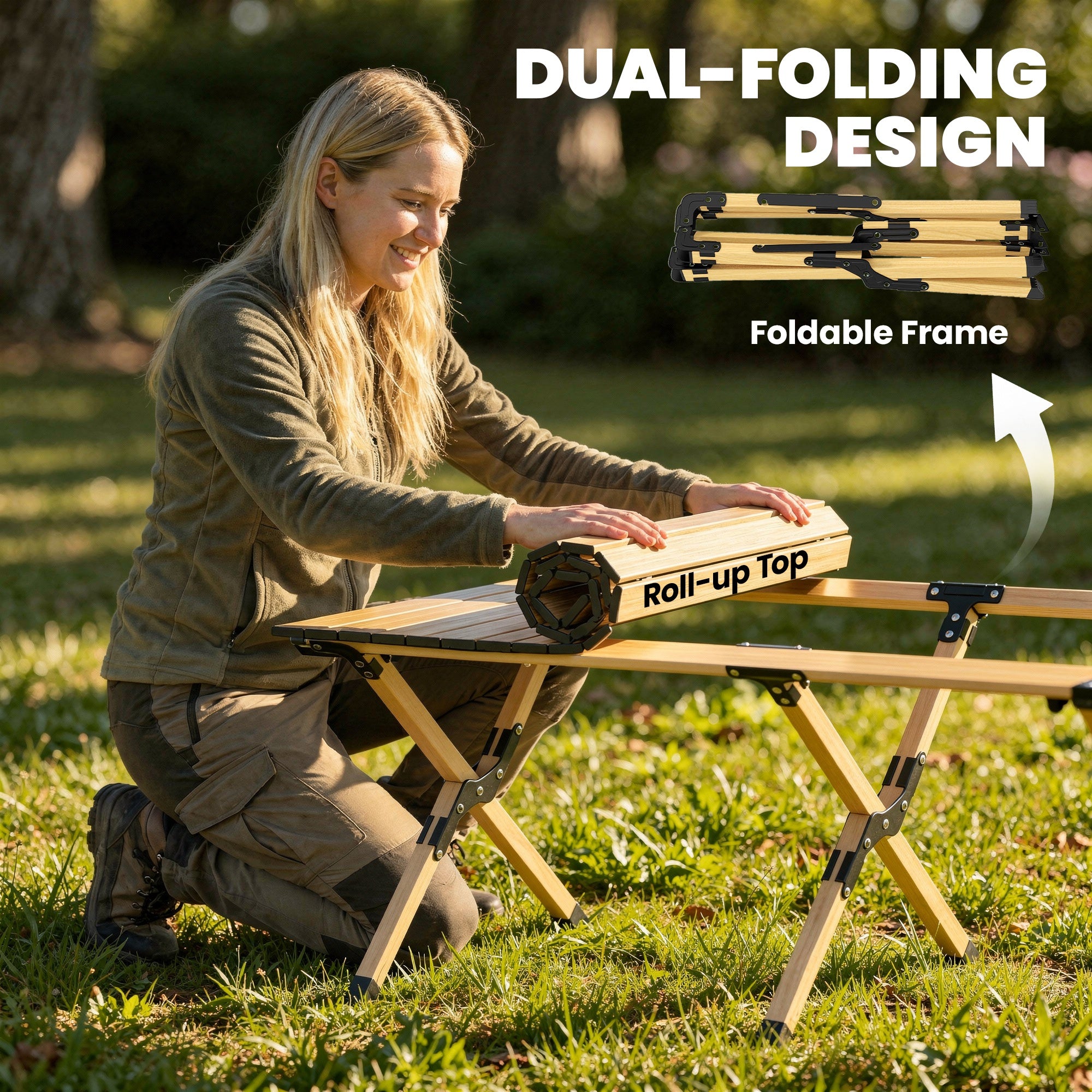 Camping Table 46.1 x 23.6 in – Aluminum Folding Table with Roll-Up Wood-Effect Top, Carry Bag, Waterproof, Lightweight, 66 lb Capacity – Oak