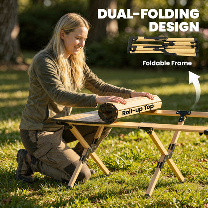 Camping Table 46.1 x 23.6 in – Aluminum Folding Table with Roll-Up Wood-Effect Top, Carry Bag, Waterproof, Lightweight, 66 lb Capacity – Oak