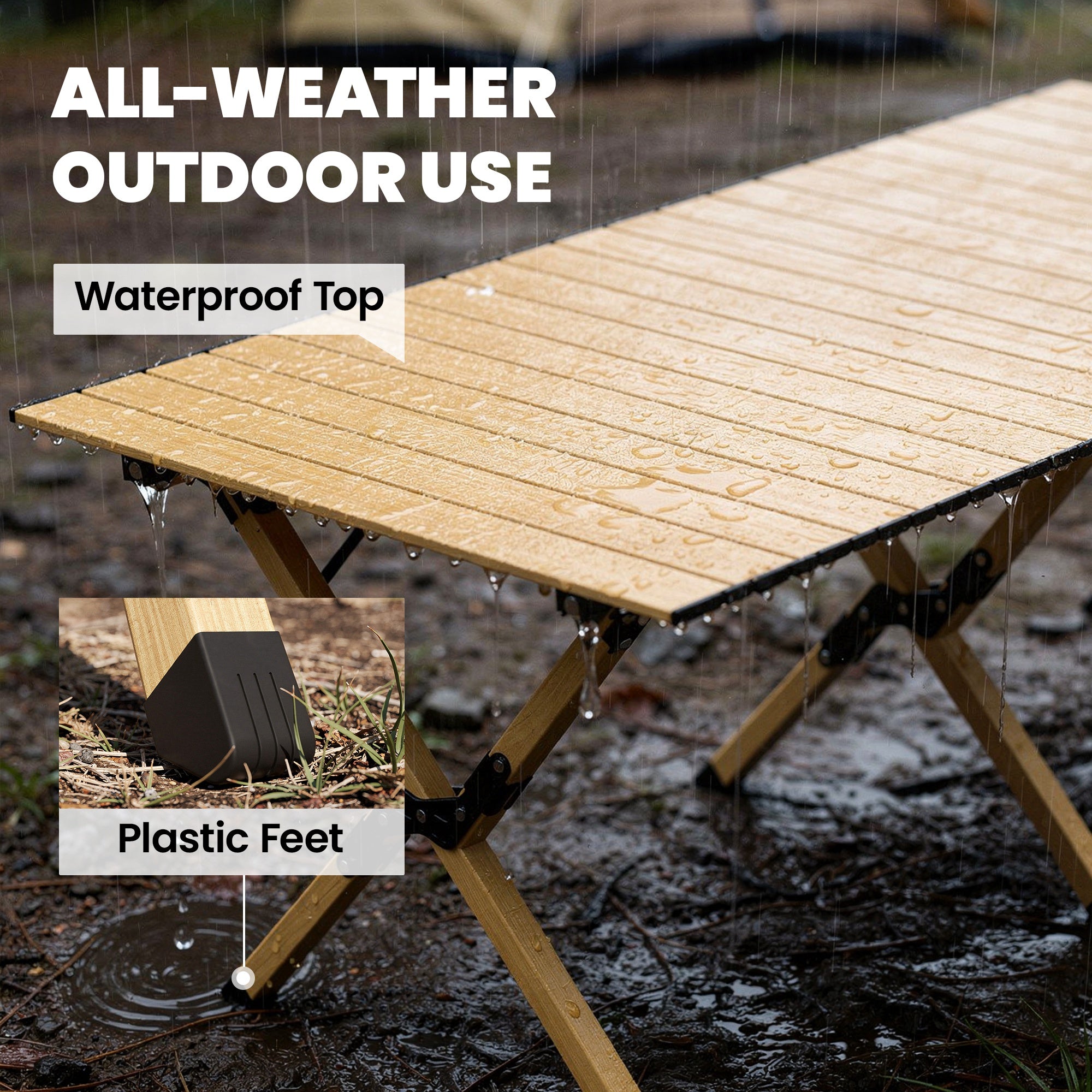 Camping Table 46.1 x 23.6 in – Aluminum Folding Table with Roll-Up Wood-Effect Top, Carry Bag, Waterproof, Lightweight, 66 lb Capacity – Oak