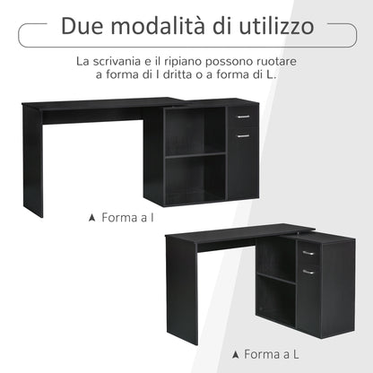 Corner Desk for Study and Office with 2 Drawers and 2 Shelves, Modern Wooden Desk, 117x82x74 cm, Black