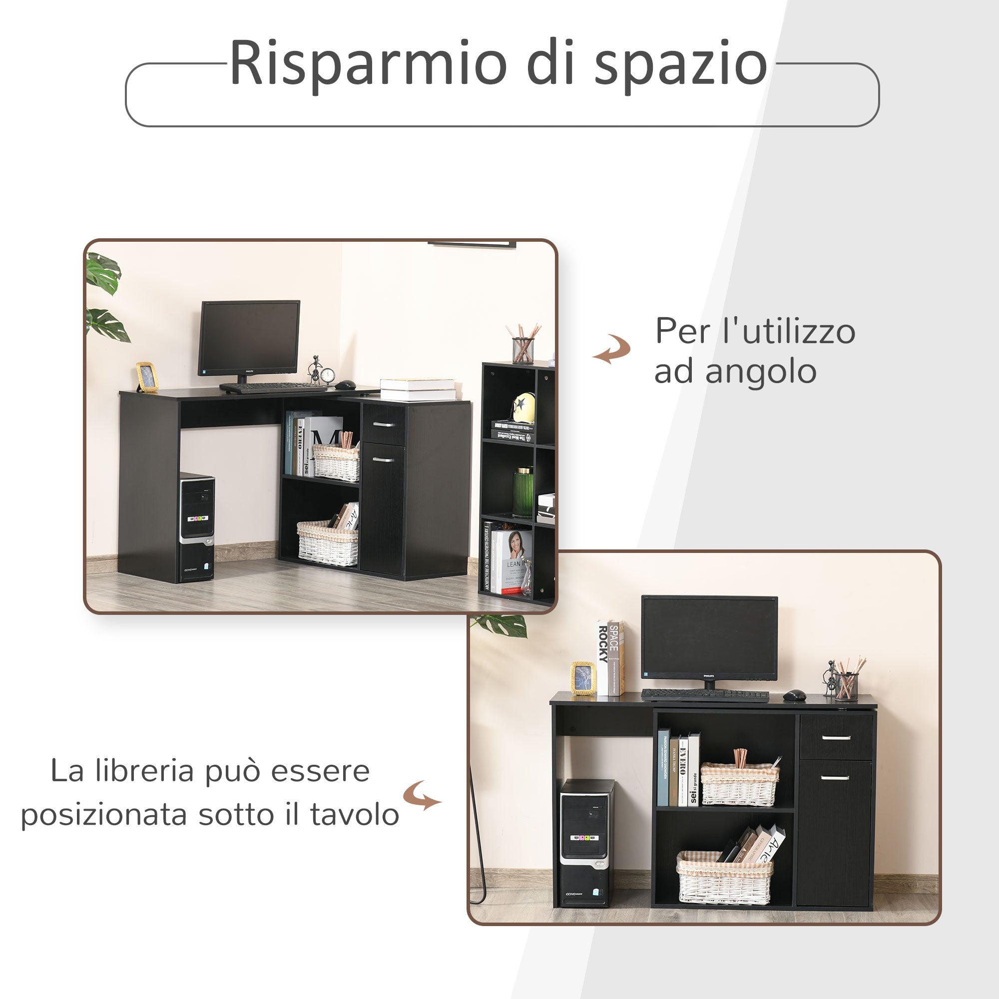 Corner Desk for Study and Office with 2 Drawers and 2 Shelves, Modern Wooden Desk, 117x82x74 cm, Black