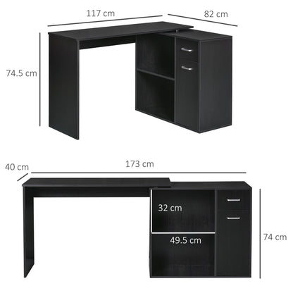 Corner Desk for Study and Office with 2 Drawers and 2 Shelves, Modern Wooden Desk, 117x82x74 cm, Black