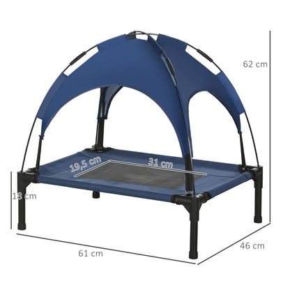 Raised Dog Bed with Canopy, Pet Bed, Dog Lounger outdoor with Roof, Breathable, Taft Fabric for Camping Dark Blue 61 x 46 x 62 cm