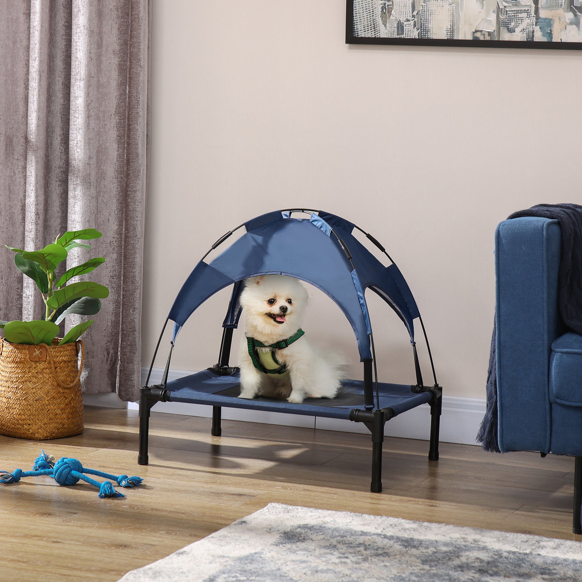 Raised Dog Bed with Canopy, Pet Bed, Dog Lounger outdoor with Roof, Breathable, Taft Fabric for Camping Dark Blue 61 x 46 x 62 cm