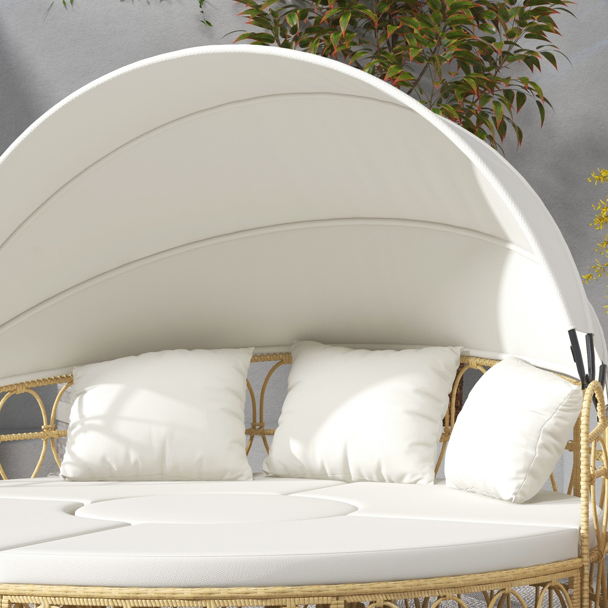Sun Island, 4-piece Seashell Garden Furniture Set with Foldable Canopy, Coffee Table, Two-Seater, Bench, Garden Lounge Set, Seating Group for Outdoor, Cream