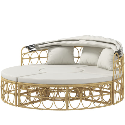 Sun Island, 4-piece Seashell Garden Furniture Set with Foldable Canopy, Coffee Table, Two-Seater, Bench, Garden Lounge Set, Seating Group for Outdoor, Cream