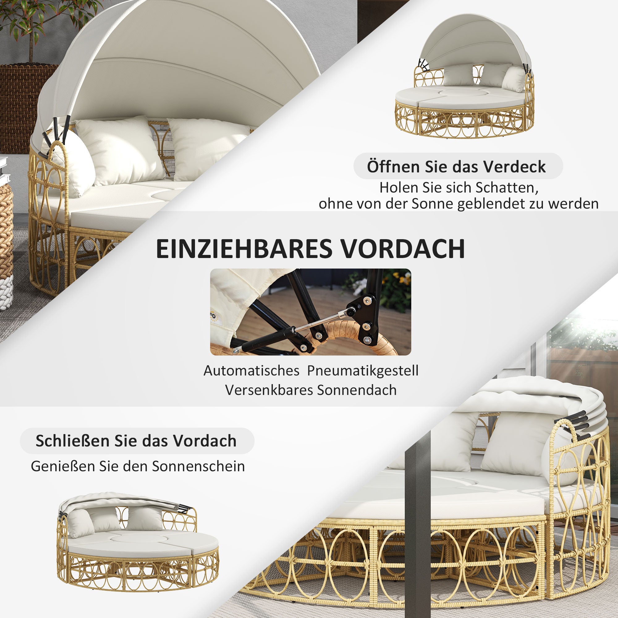 Sun Island, 4-piece Seashell Garden Furniture Set with Foldable Canopy, Coffee Table, Two-Seater, Bench, Garden Lounge Set, Seating Group for Outdoor, Cream