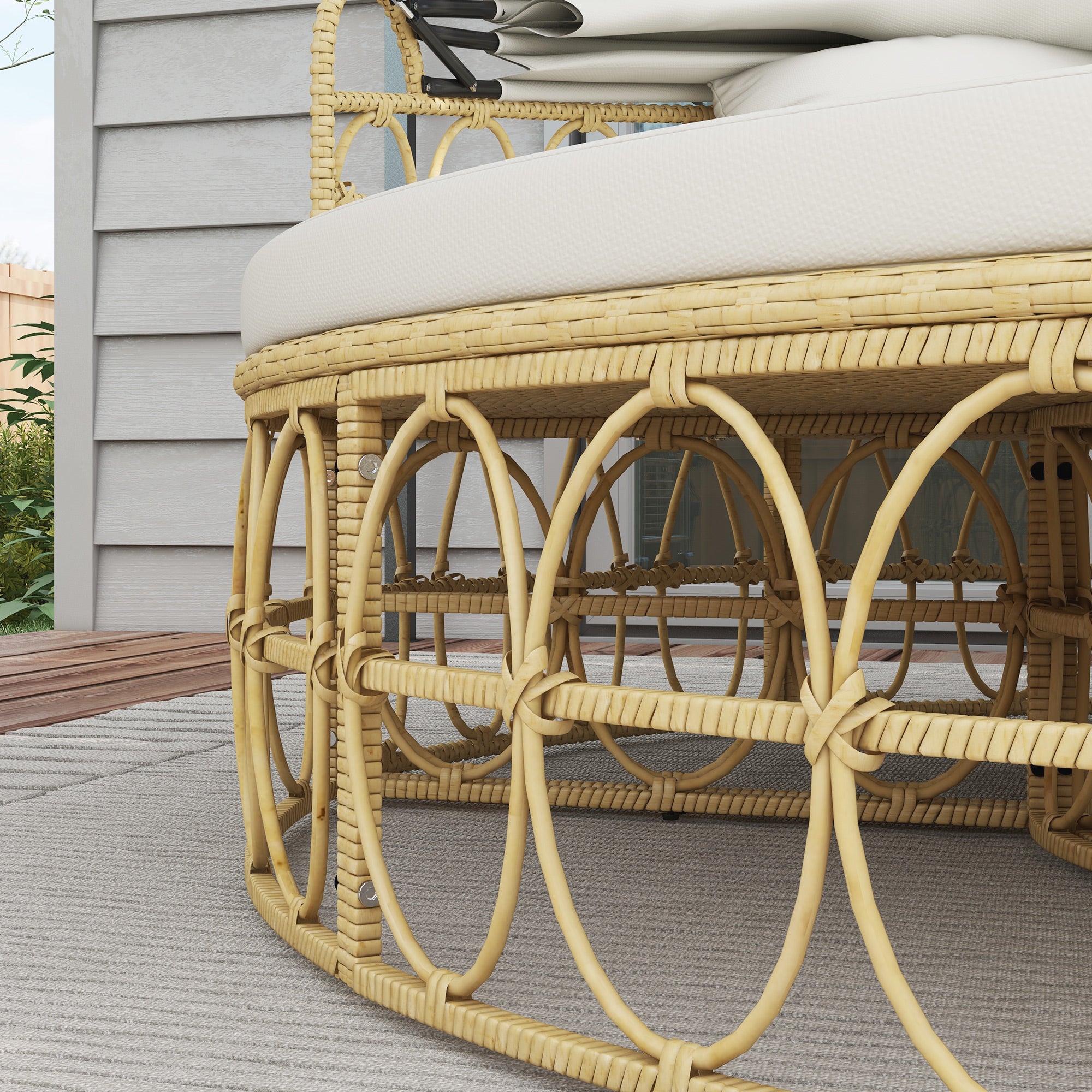 Sun Island, 4-piece Seashell Garden Furniture Set with Foldable Canopy, Coffee Table, Two-Seater, Bench, Garden Lounge Set, Seating Group for Outdoor, Cream