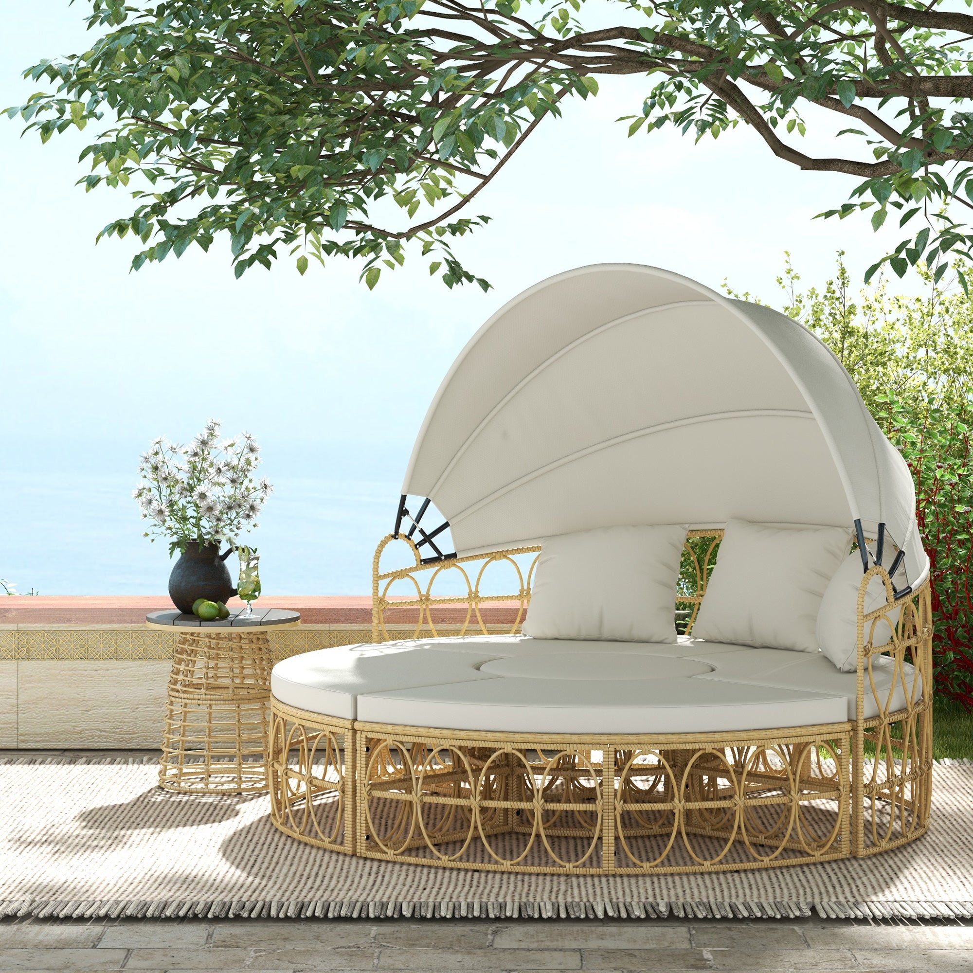 Sun Island, 4-piece Seashell Garden Furniture Set with Foldable Canopy, Coffee Table, Two-Seater, Bench, Garden Lounge Set, Seating Group for Outdoor, Cream