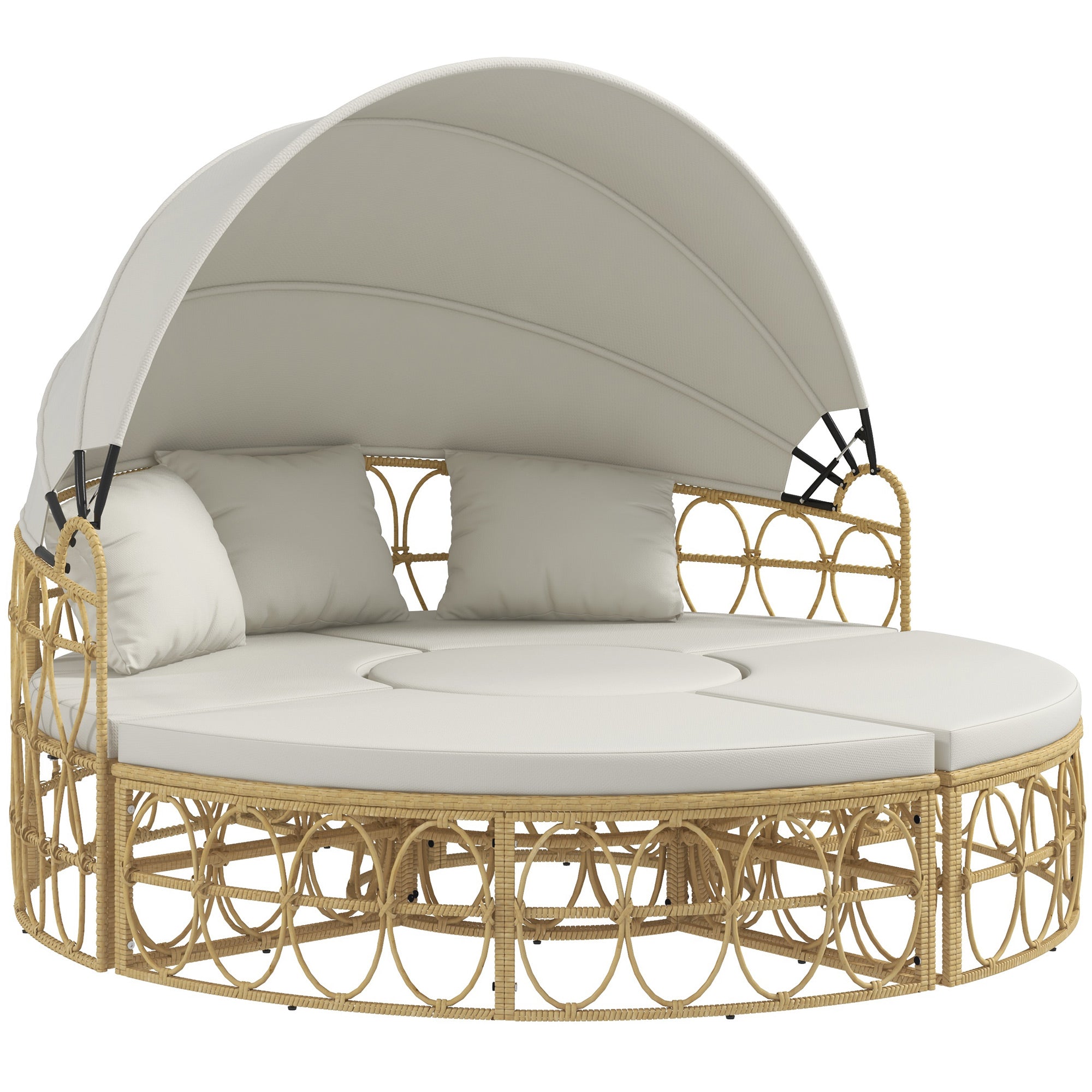Sun Island, 4-piece Seashell Garden Furniture Set with Foldable Canopy, Coffee Table, Two-Seater, Bench, Garden Lounge Set, Seating Group for Outdoor, Cream