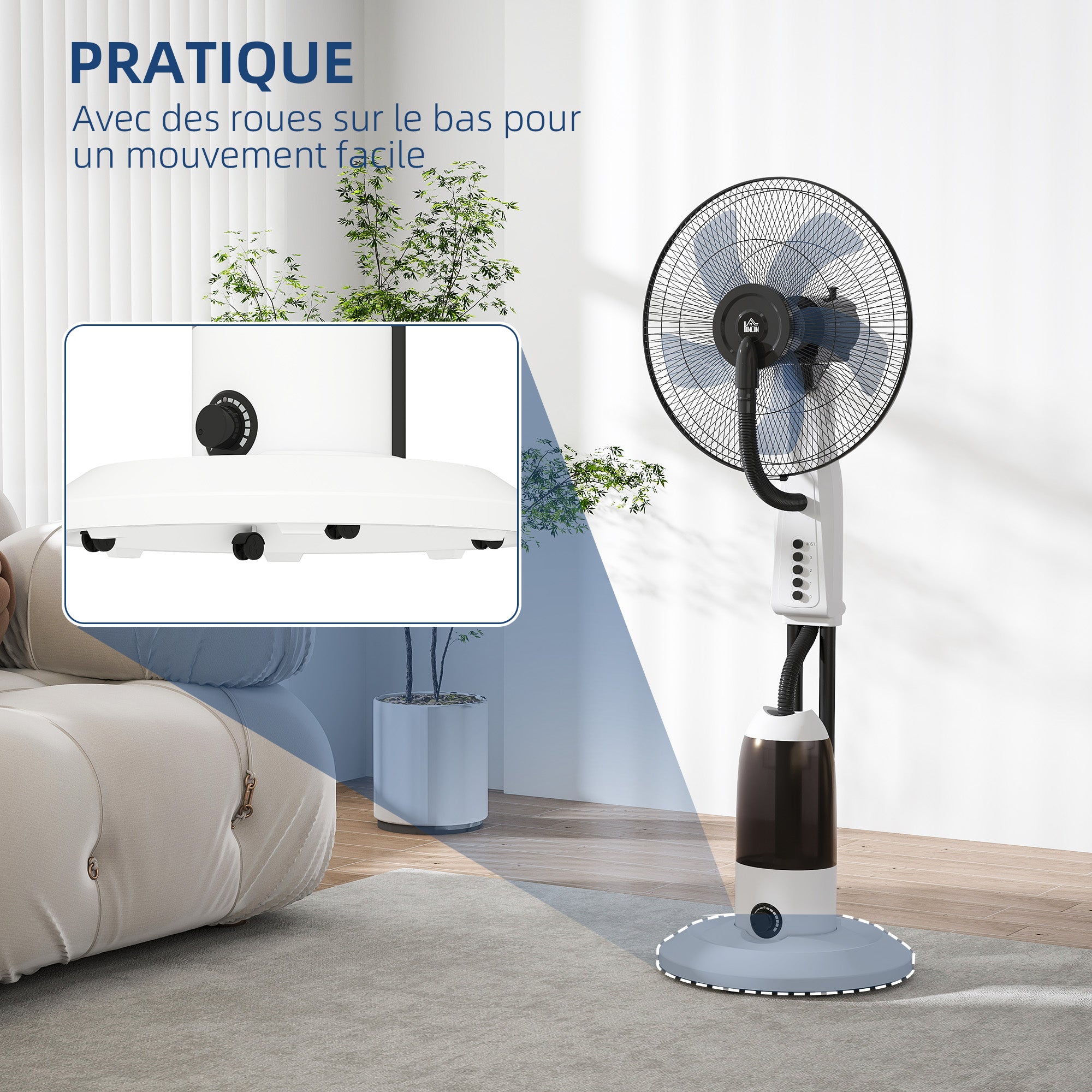 90W Quiet Mist Fan, 120cm Stand Fan with 3 Speeds, 70° Oscillation, Adjustable Head, 2.8L Water Tank, White