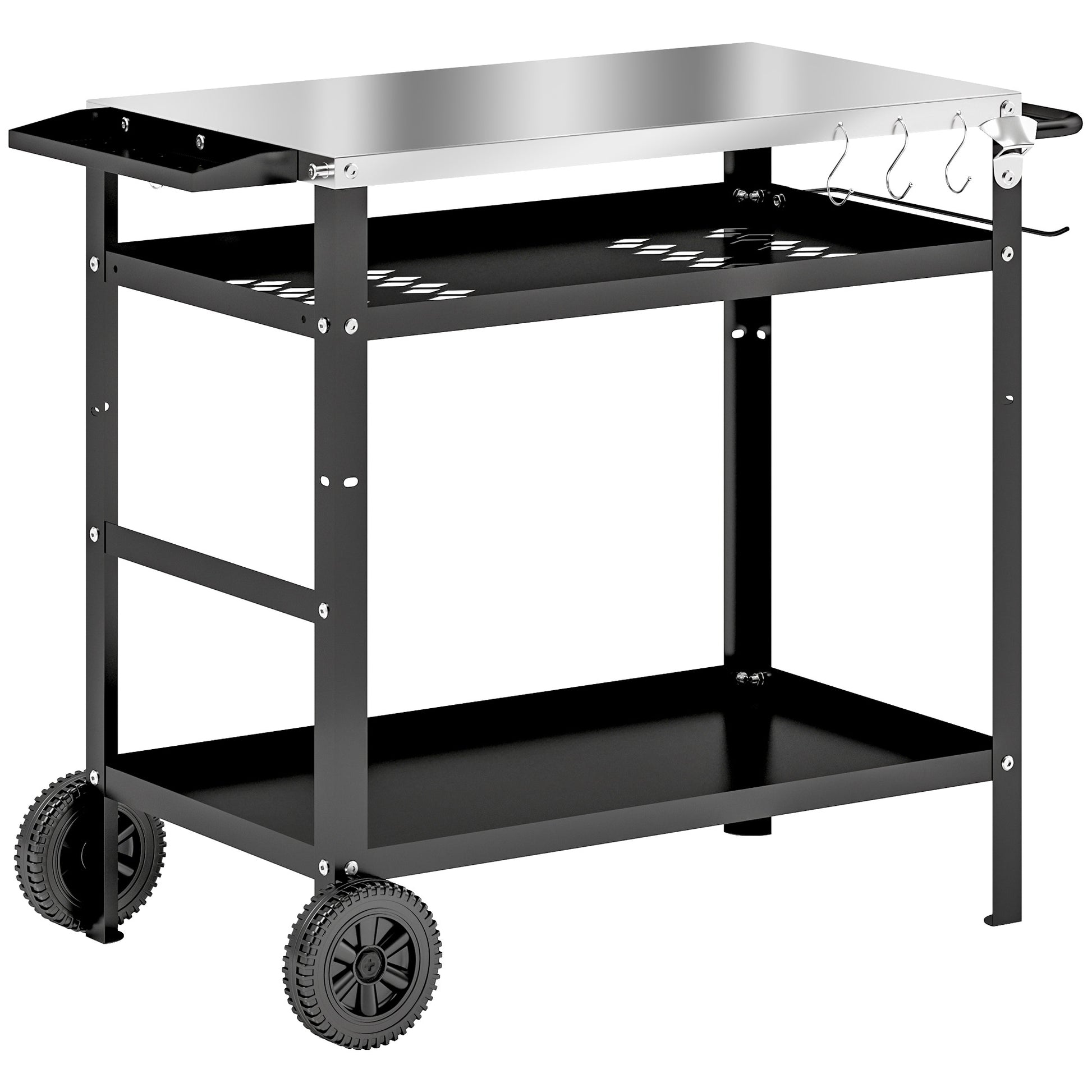 Grill Trolley 3-Tier Serving Cart with Work Surface Handles Cover Wheels, Adjustable Height BBQ Stainless Steel Grill Table, Grill Side Table, Outdoor Rolling Cart for Garden Grill 100x52x80cm Black