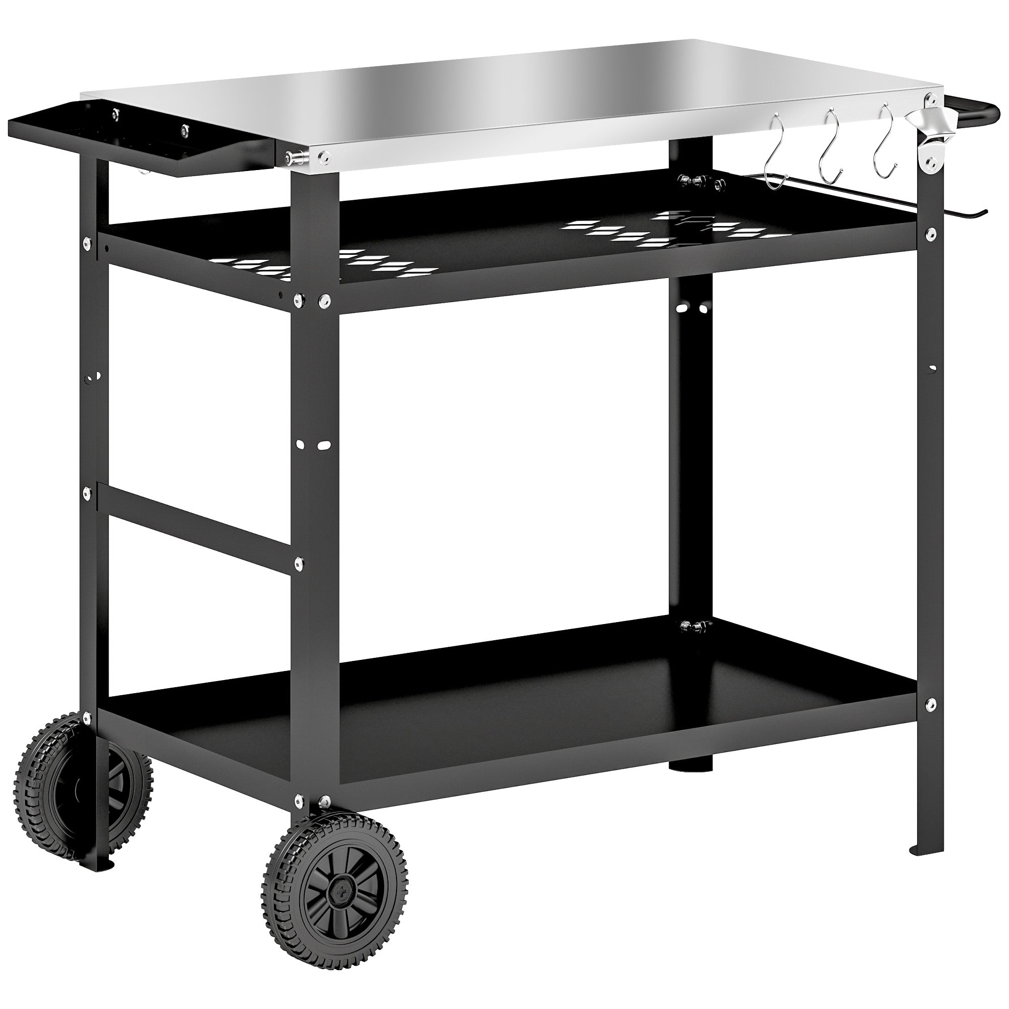 Grill Trolley 3-Tier Serving Cart with Work Surface Handles Cover Wheels, Adjustable Height BBQ Stainless Steel Grill Table, Grill Side Table, Outdoor Rolling Cart for Garden Grill 100x52x80cm Black