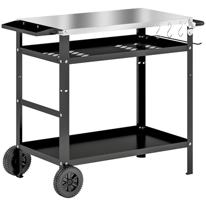 Grill Trolley 3-Tier Serving Cart with Work Surface Handles Cover Wheels, Adjustable Height BBQ Stainless Steel Grill Table, Grill Side Table, Outdoor Rolling Cart for Garden Grill 100x52x80cm Black