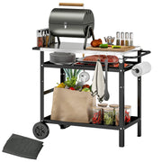 Grill Trolley 3-Tier Serving Cart with Work Surface Handles Cover Wheels, Adjustable Height BBQ Stainless Steel Grill Table, Grill Side Table, Outdoor Rolling Cart for Garden Grill 100x52x80cm Black