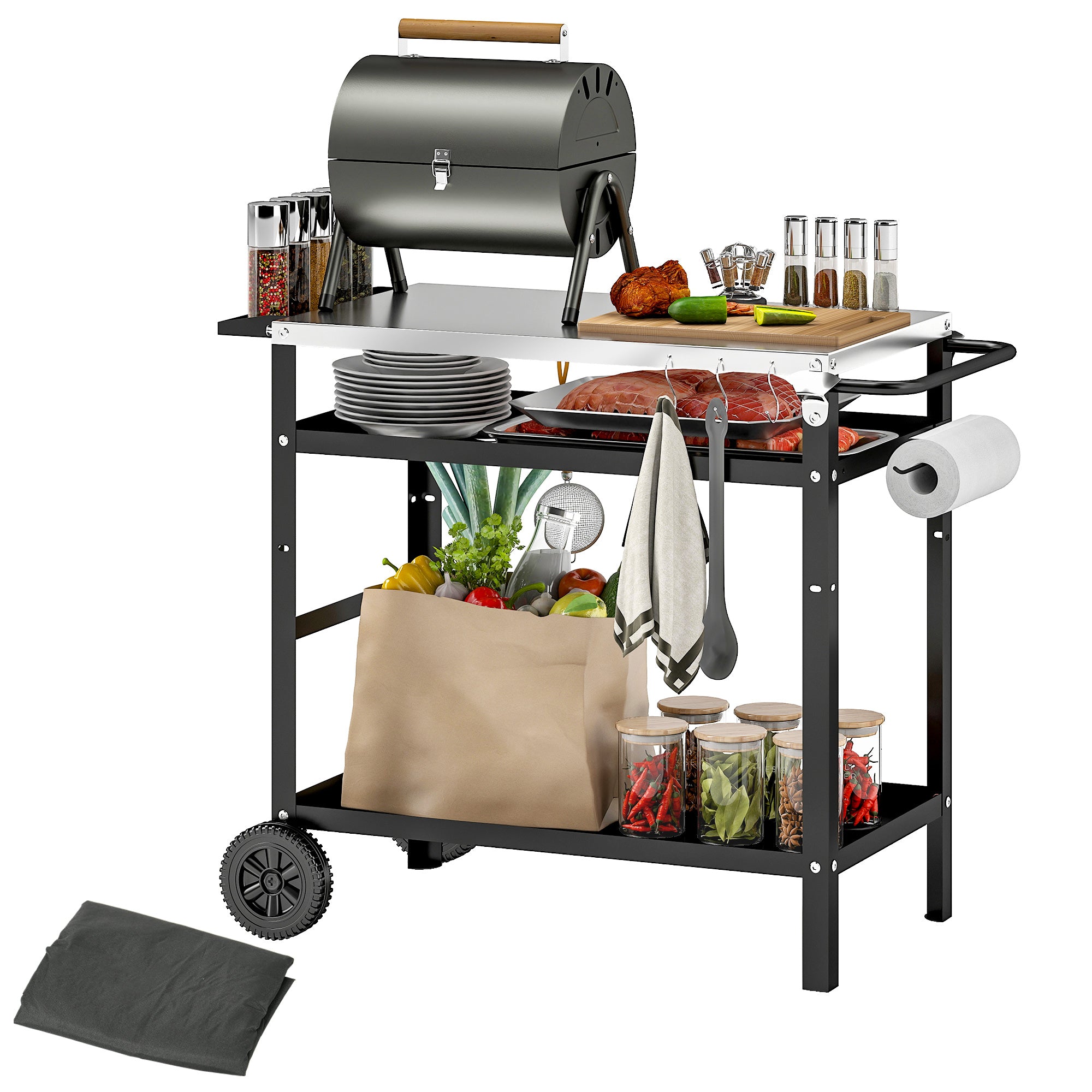 Grill Trolley 3-Tier Serving Cart with Work Surface Handles Cover Wheels, Adjustable Height BBQ Stainless Steel Grill Table, Grill Side Table, Outdoor Rolling Cart for Garden Grill 100x52x80cm Black