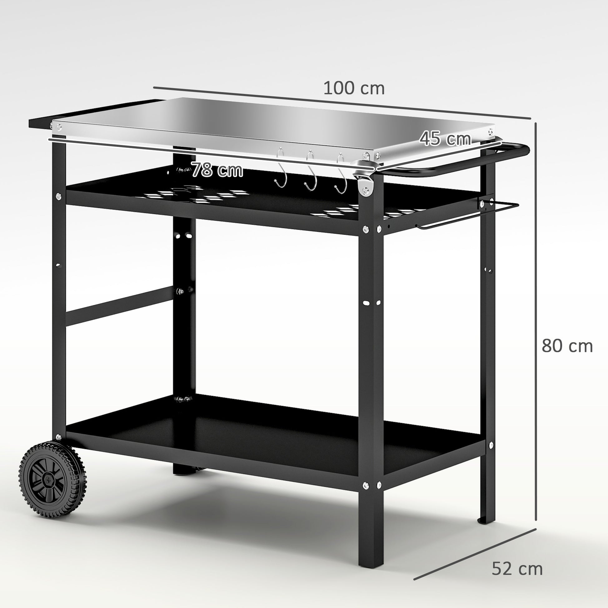 Grill Trolley 3-Tier Serving Cart with Work Surface Handles Cover Wheels, Adjustable Height BBQ Stainless Steel Grill Table, Grill Side Table, Outdoor Rolling Cart for Garden Grill 100x52x80cm Black
