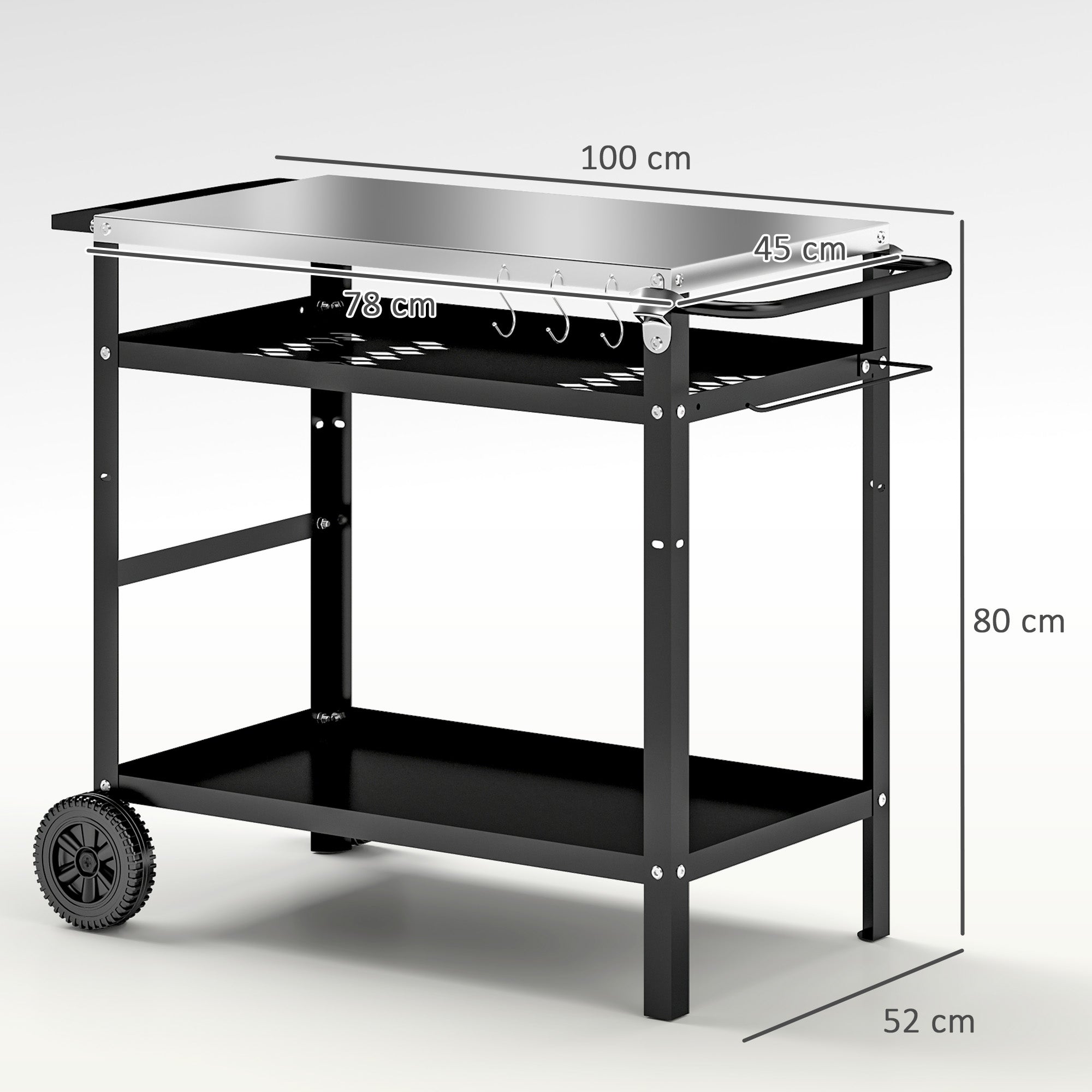 Grill Trolley 3-Tier Serving Cart with Work Surface Handles Cover Wheels, Adjustable Height BBQ Stainless Steel Grill Table, Grill Side Table, Outdoor Rolling Cart for Garden Grill 100x52x80cm Black