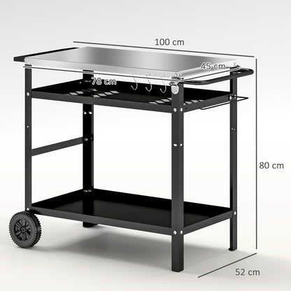 Grill Trolley 3-Tier Serving Cart with Work Surface Handles Cover Wheels, Adjustable Height BBQ Stainless Steel Grill Table, Grill Side Table, Outdoor Rolling Cart for Garden Grill 100x52x80cm Black